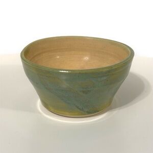 Handmade small stoneware bowl, tan and teal with decorative design